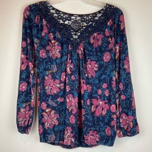 Lucky Brand Paisley Boho Floral Lace Shirt Women’s Size Medium Blue/Pink
